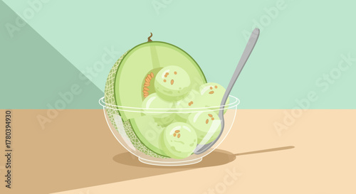Freshly Prepared Honeydew Melon Dessert Refreshingly Presented in a Clear Glass Bowl