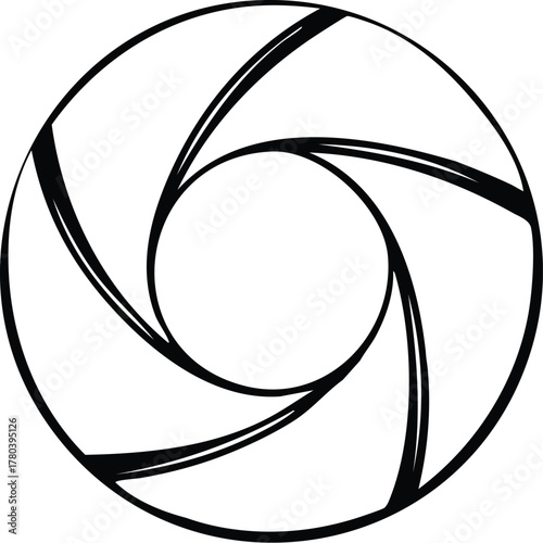 Abstract Circular Aperture Design with Swirling Blades, Symbolizing Focus and Optics