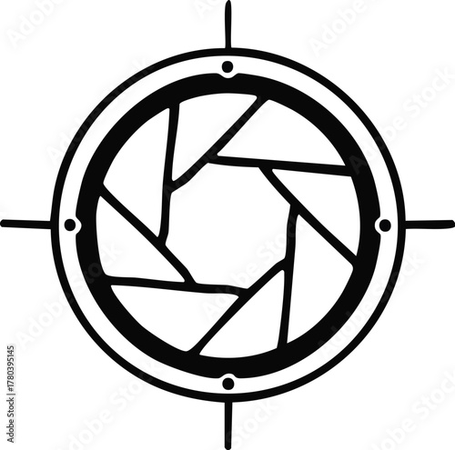 A unique graphic concept merging a camera aperture with a compass, symbolizing focused vision, creative direction, and the art of photographic exploration