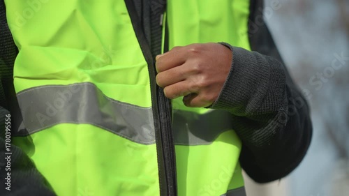 Close-up view of unzipped high visibility safety vest in fluorescent yellow with silver reflective stripes, showing detailed black zipper and textured dark inner clothing, designed for protective