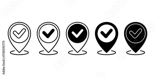 Check Mark Location Pin Black Icon Bundle for Success and Map Navigation Design