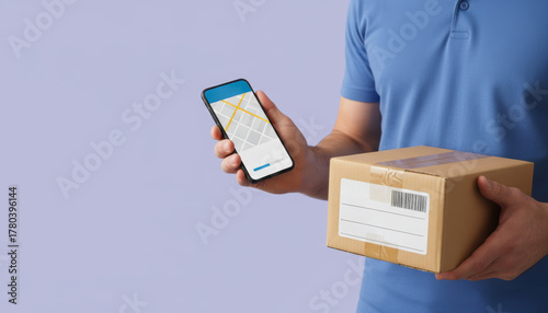 Delivery one person e commerce courier holds parcel and phone for tracking with calm mood