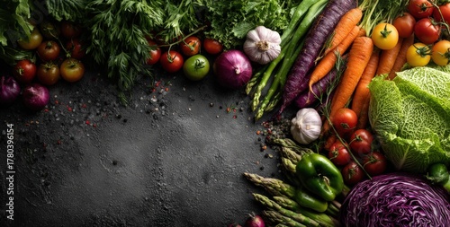 Fototapeta Naklejka Na Ścianę i Meble -  Fresh assortment of colorful vegetables including tomatoes, carrots, garlic, and greens arranged on a dark textured surface with ample copy space for design purposes