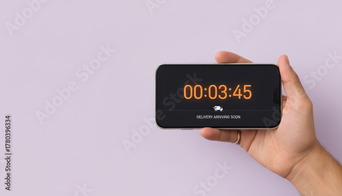Delivery countdown timer one person e commerce on smartphone, minimal calm style