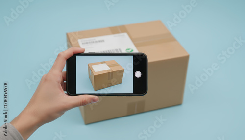 Hand holds smartphone, delivery photo of one box for e commerce on blue background