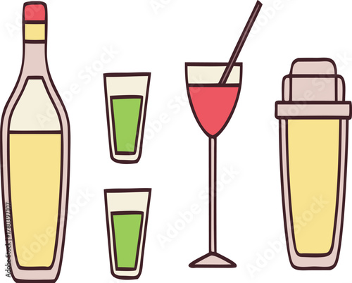 Collection of alcoholic beverages and bar tools in a simple illustration style