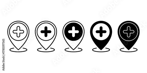 Medical Cross Location Pin Black Icon Bundle for Health and Hospital Map Design