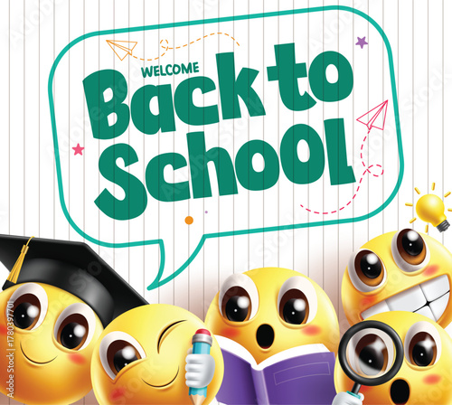 Back to School emojis characters clipart design. Welcome back to School greeting text with cute emoji and emoticon character clip art in paper background template vector illustration.
