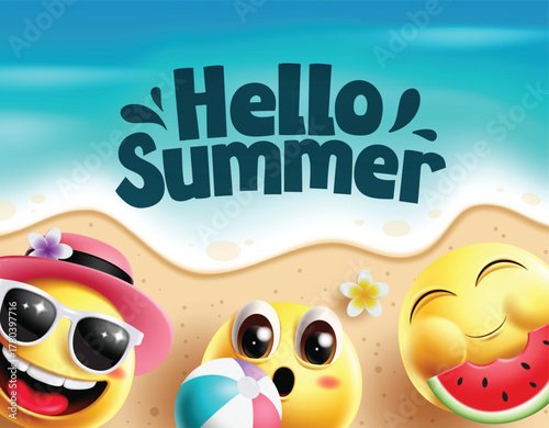 Summer emojis clipart design. Hello Summer greeting text in beach seashore background with happy, smiling, enjoy and cool emoji character face for vacation travel banner template vector illustration.
