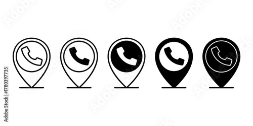 Phone Call Location Pin Black Icon Bundle for Communication and Map Interface