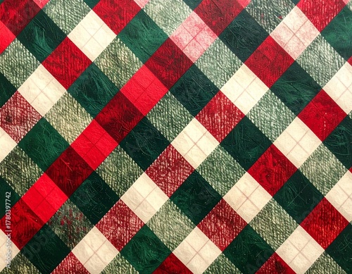 Traditional Pattern featuring Red Green and White Plaid for Classic Holiday Season Decor Textile Design or Festive Background in Square Diagonal Arrangement