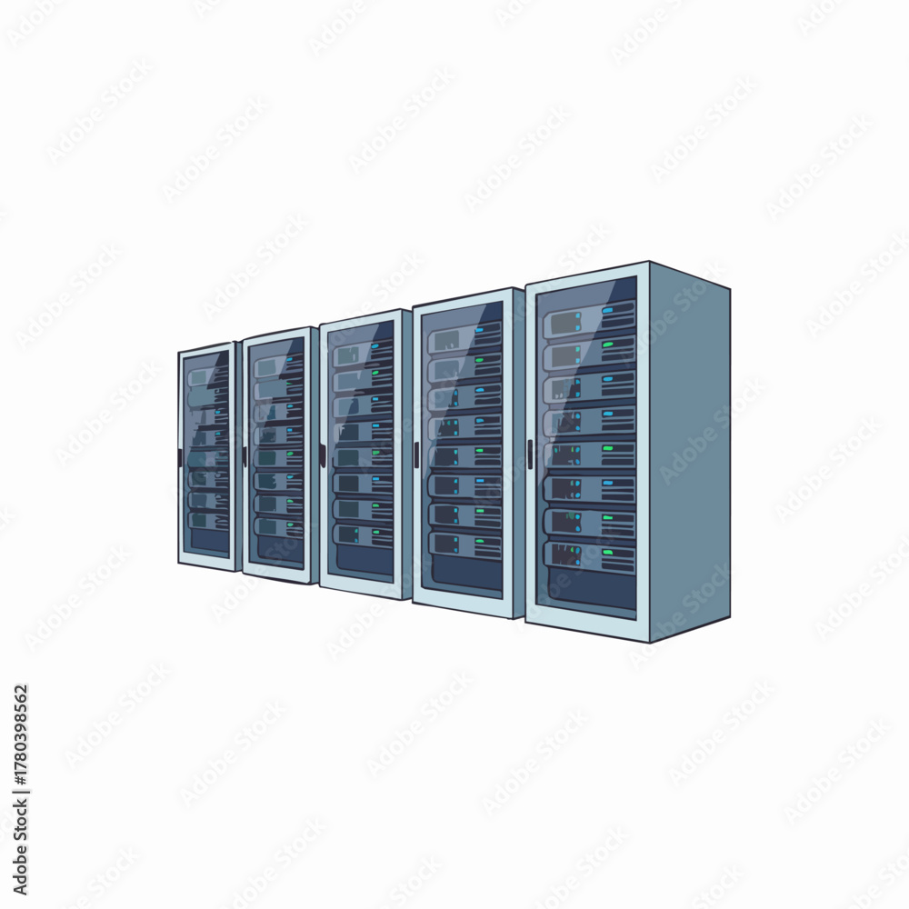 Obraz premium Cartoon vector drawing of several server racks.
