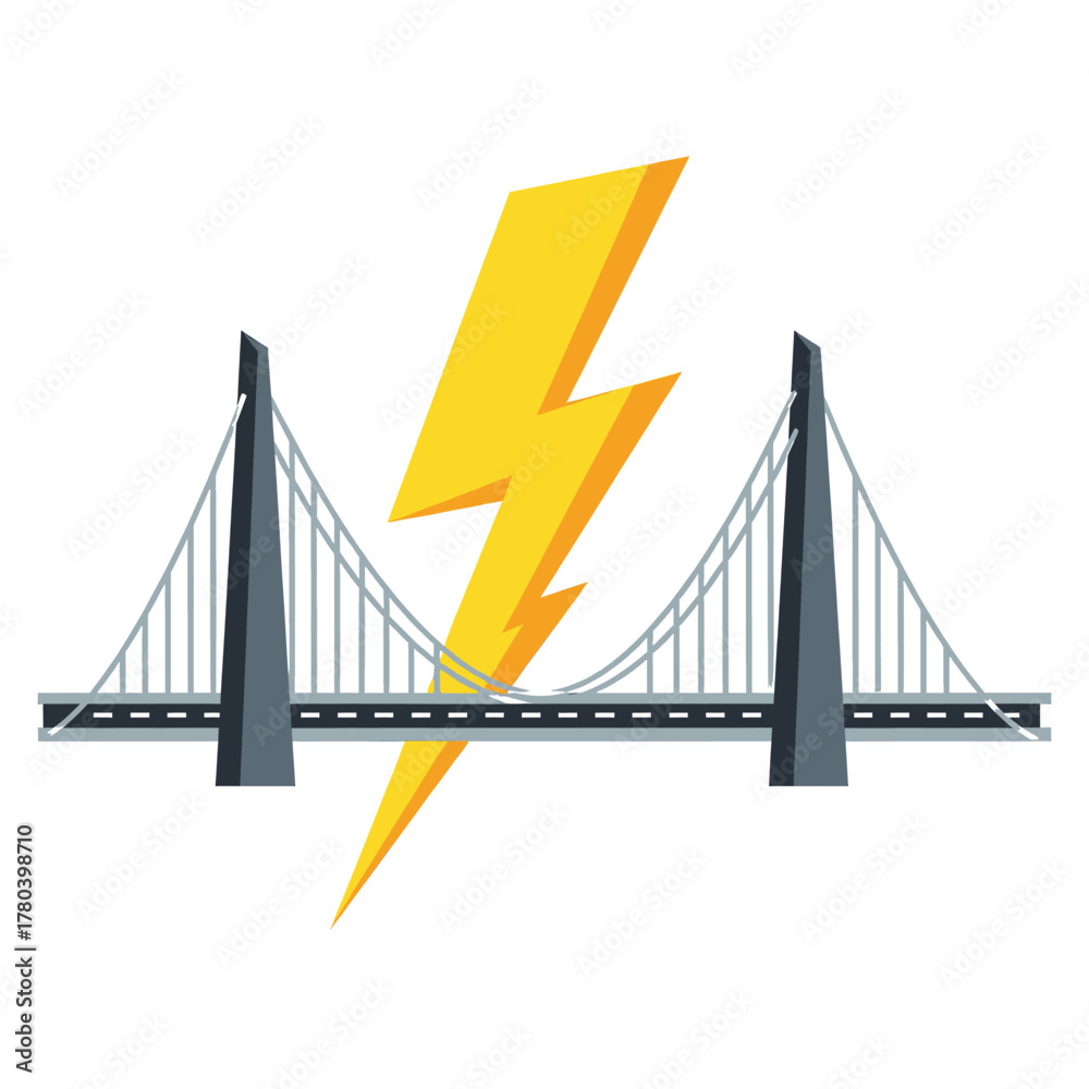 Fototapeta premium A stylized illustration of a suspension bridge with a large yellow lightning bolt superimposed.
