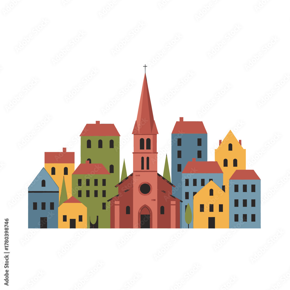 Fototapeta premium Colorful cartoon cityscape with church and various buildings.