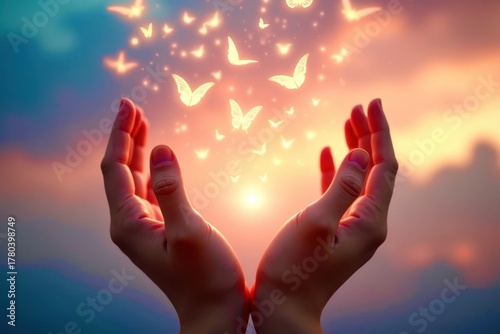 A hand is holding up a butterfly