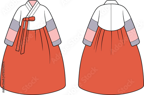Traditional Korean hanbok illustration, front and back view, red chima, white jeogori, multicolor sleeve, cultural fashion, heritage costume, vector sketch