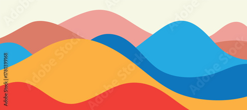 Multicolored mountain panorama, translucent waves, abstract colored glass shapes, modern background, Flat design illustration of mountains