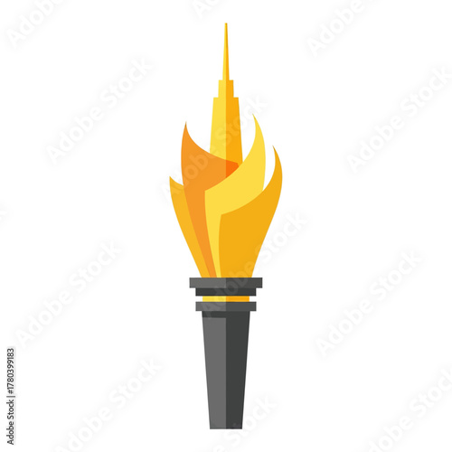 Illustration of a torch with a flame, featuring a stylized building in the center of the fire.