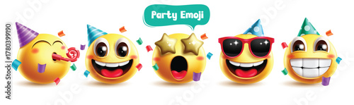 Emoji birthday party characters clipart set. Birthday emojis clip art with party hat, whistle, confetti, happy and smiling 3d graphic elements emoticon vector illustration.
