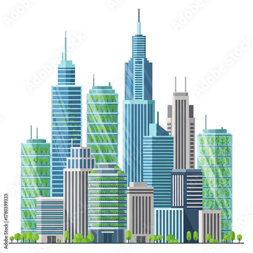 Modern cityscape with tall skyscrapers and green eco-friendly buildings, illustrating urban sustainability and nature integration.
