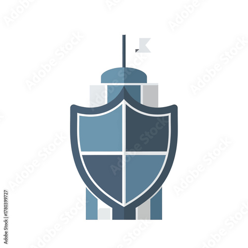 A stylized illustration of a building with a flag and a large protective shield in front, symbolizing security.