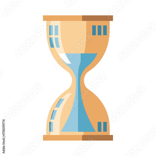 An hourglass with a modern architectural design, featuring windows and a sleek, contemporary aesthetic.