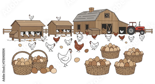 Farm scene with chickens eggs and barns depicting rural life.