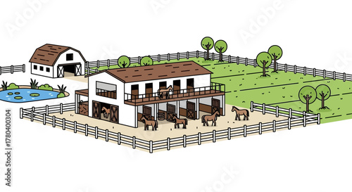 Architectural illustration of a two-story equestrian stable with horses.