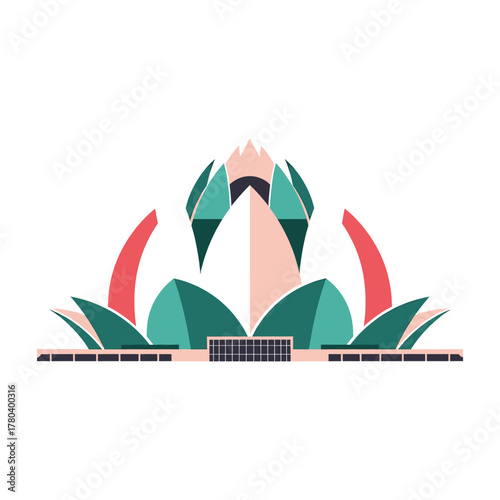 A modern, minimalist vector illustration of the iconic Lotus Temple in India.