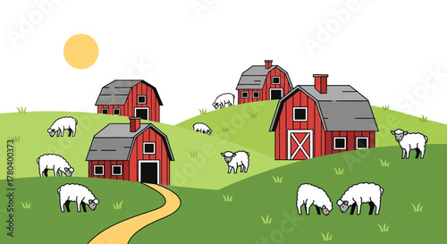 Farm Scene with Barns and Sheep Grazing on Green Hills.