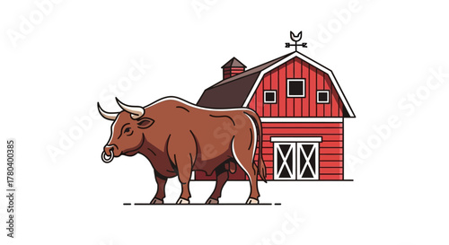 Majestic Brown Bull Standing Proudly in Front of a Classic Red Barn.