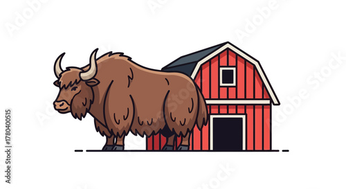 A majestic yak stands proudly in front of a rustic red barn.