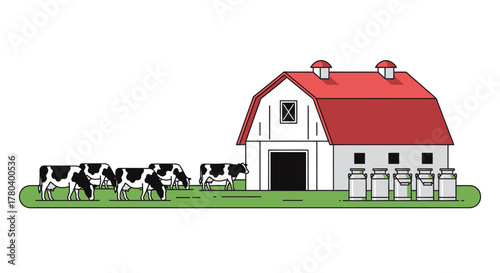 Farm Scene with Cows Barn and Milk Cans Illustration.