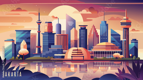Very beautiful Jakarta travel poster in cinematic minimal vector style, featuring simplified skyline with high-rise buildings, calm river reflections, warm sunset tones, and clean geometric shapes cre