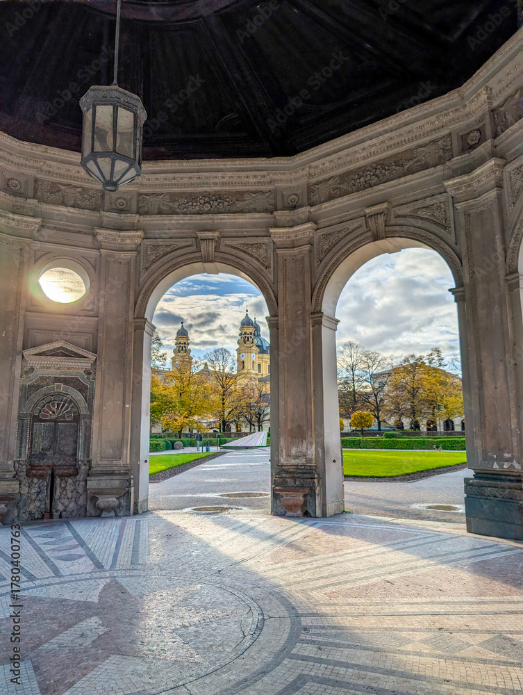 Fototapeta premium Diana Temple architecture framing Hofgarten and Theatinerkirche