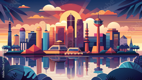Very beautiful Jakarta travel poster in cinematic minimal vector style, featuring simplified skyline with high-rise buildings, calm river reflections, warm sunset tones, and clean geometric shapes cre