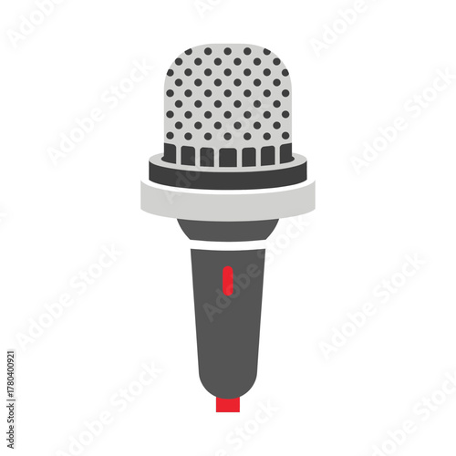Illustration of a gray and black microphone with a red power indicator.