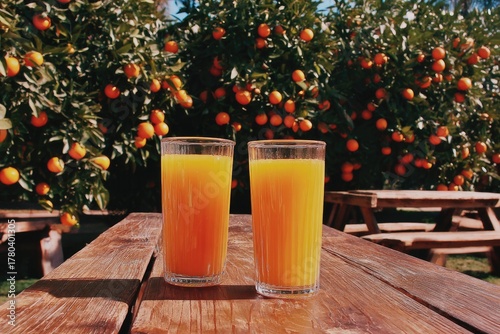 Two glasses of orange juice on a wooden picnic table, surrounded by orange trees