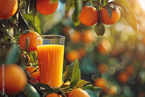Fresh orange juice in glass, amidst an orange grove. Sunlight highlights the ripe citrus fruits and leaves