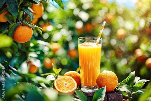 Freshly squeezed orange juice in a glass, amidst vibrant orange trees