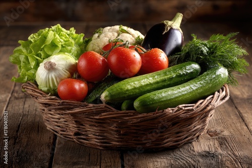 Fresh, vibrant vegetables in a rustic basket