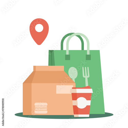 Flat Vector Illustration: Takeaway Food Delivery Package with Location Pin