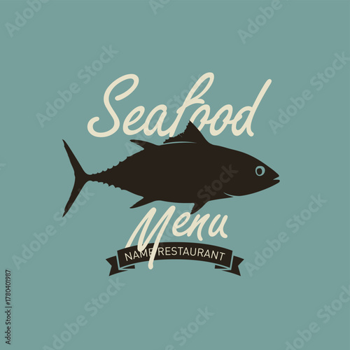 Vector banner with realistic tuna on theme of seafood, marine animals and ocean life. Logo, menu, label for restaurant, cafe. Sign board for fish market, store. Canned food. T-shirt. 