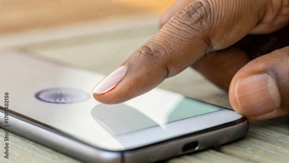 Fototapeta premium Indian startup community concept shown by hand using smartphone with fingerprint authentication technology for secure access