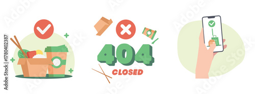 Flat Vector Illustration Bundle: Order Confirmation, Error 404, and Smartphone Ordering