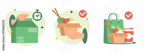 Vector Illustration Set: Successful Food Delivery, Package Ready, and Handing Over