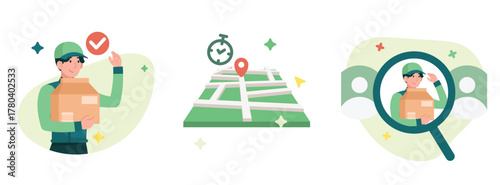 Flat Vector Illustration Bundle: Courier Check, Delivery Map, and Search Tracking