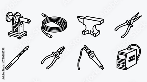 Black and white line art illustration of various industrial tools