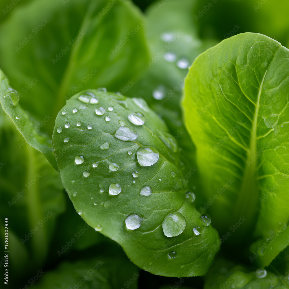 Obraz premium Fresh green lettuce leaves with water droplets, a close-up, illustrating natural beauty and freshness. A refreshing sight, showcasing nature's vitality