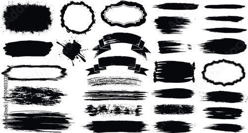Mega bundle of different ink brush strokes:rectangle,square and round freehand drawings.Ink splatters,grungy painted lines,artistic design elements:waves,circles,triangles.
